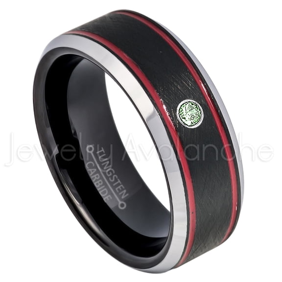 Tri-Color Black Red Stripe Tungsten Ring - 0.07ct Solitaire Alexandrite Ring - Personalized Tungsten Wedding Ring - Custom Made June Birthstone Ring TN745BS