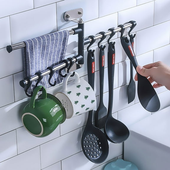 HOZVOMI Wall Mounted 3 Tiers Rotatable Hanger Rack Kitchen Utensil Holder Organizer with Hooks for Towel Spoons Gloves 3 Floor Storage Rack