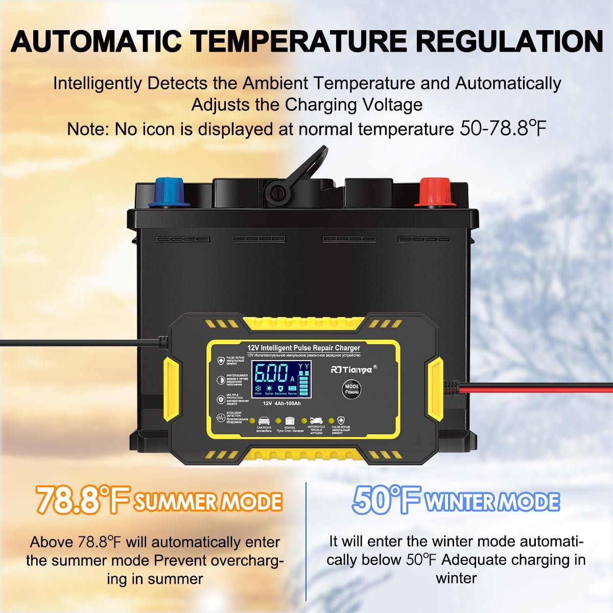 Automatic Battery Charger, 12V/6Amp Battery Maintainer, Smart Car Trickle Charger with Temperature Compensation Auto Stop for Car Truck Motorcycle Lawn Mower Boat Marine Lead Acid Batteries