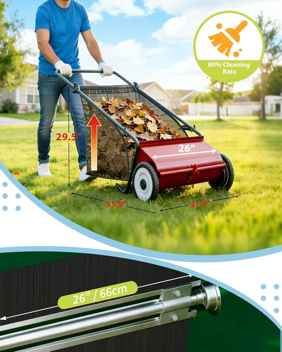 Red Push Lawn Sweeper, 26-Inch with 4 High-Speed Brushes, Heavy-Duty Steel Frame & Large 7 Cu. Ft Hopper Bag for Yard and Leaf Cleanup