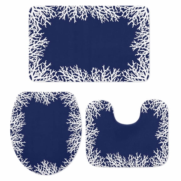 Coastal Coral Bath Mat 3 Piece Bathroom Rug Set, Navy Blue Ocean Marine Nautical Beach Non Slip Bath Rug Contour Mat and Toilet Lid Cover, Absorbent Shower Mats Soft Bath Rugs and Mats Sets
