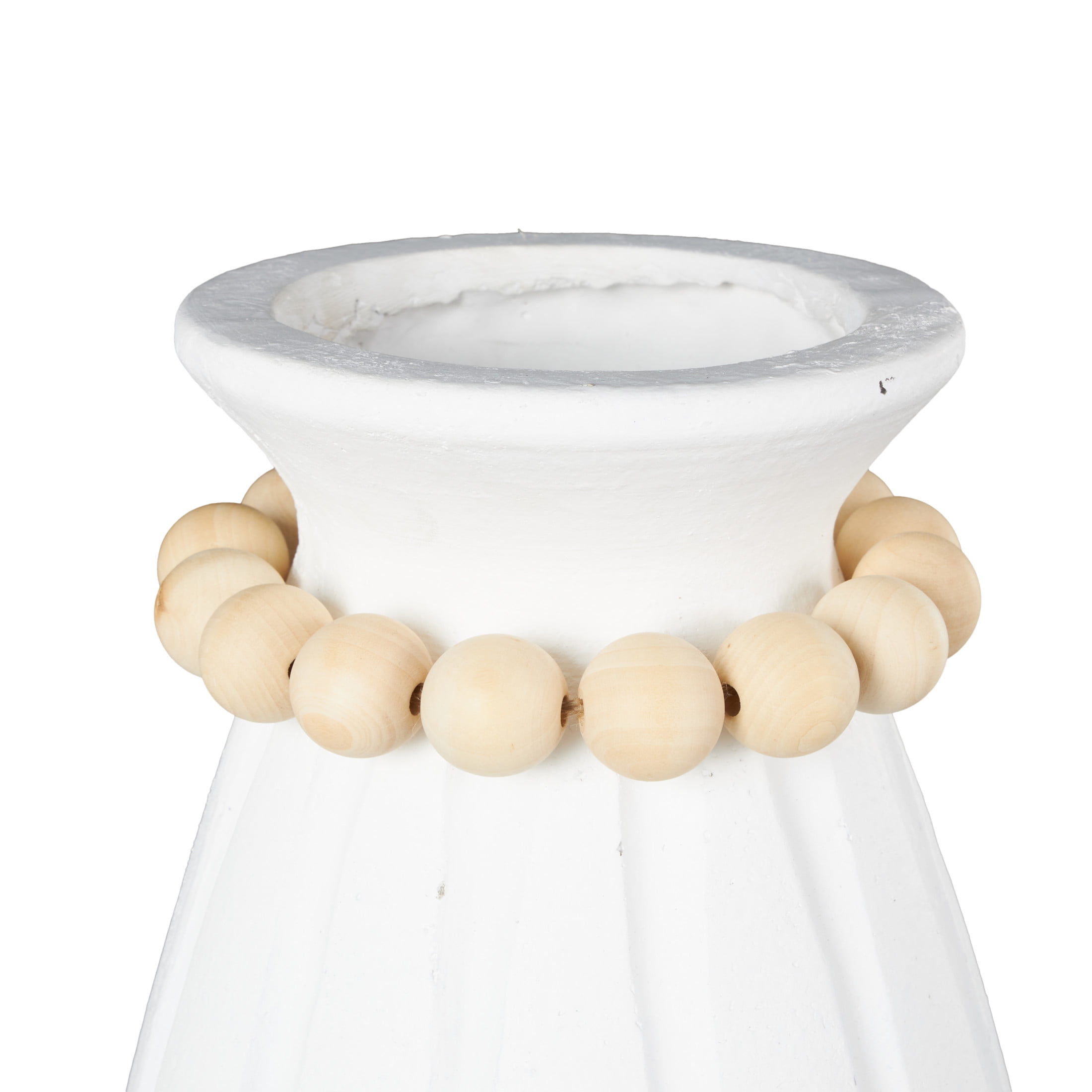 DecMode 20" White Magnesium Oxide Vase with Light Brown Beads and Carved Grooves