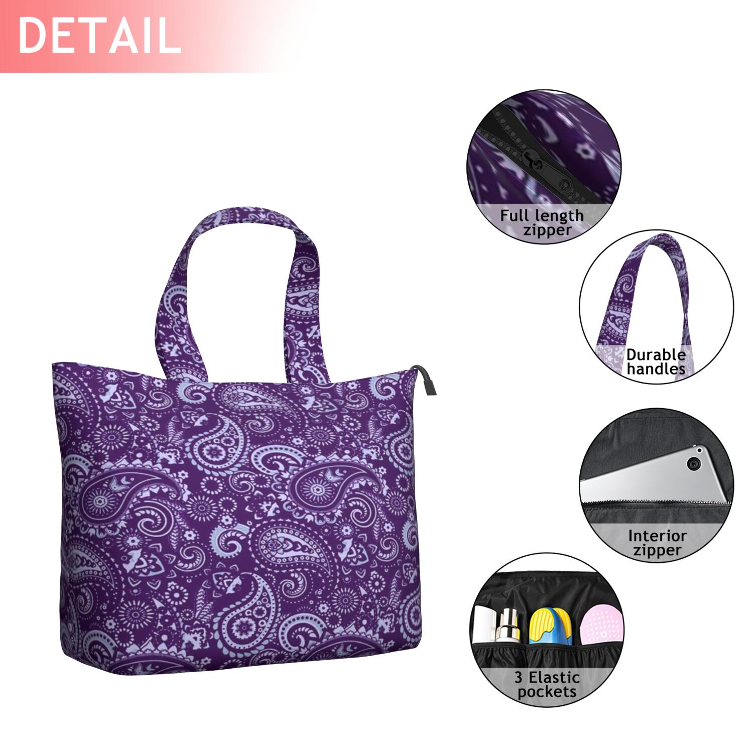 Purple Paisley Pattern Travel Tote Bags for Women Carry On,Large Weekender Bags for Women Travel,Multi Functional Duffle Bag for Work,Shopping,Sports