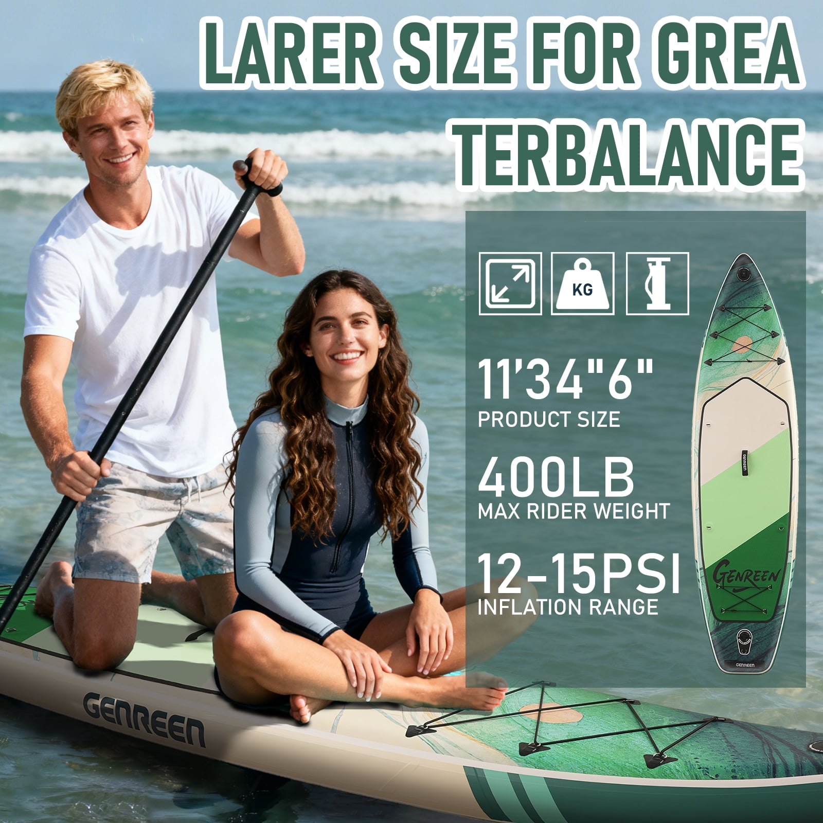 Genreen 11ft Inflatable  Stand up Paddle Board, Fishing Paddle Board with  SUP Accessories for Youth & Adults