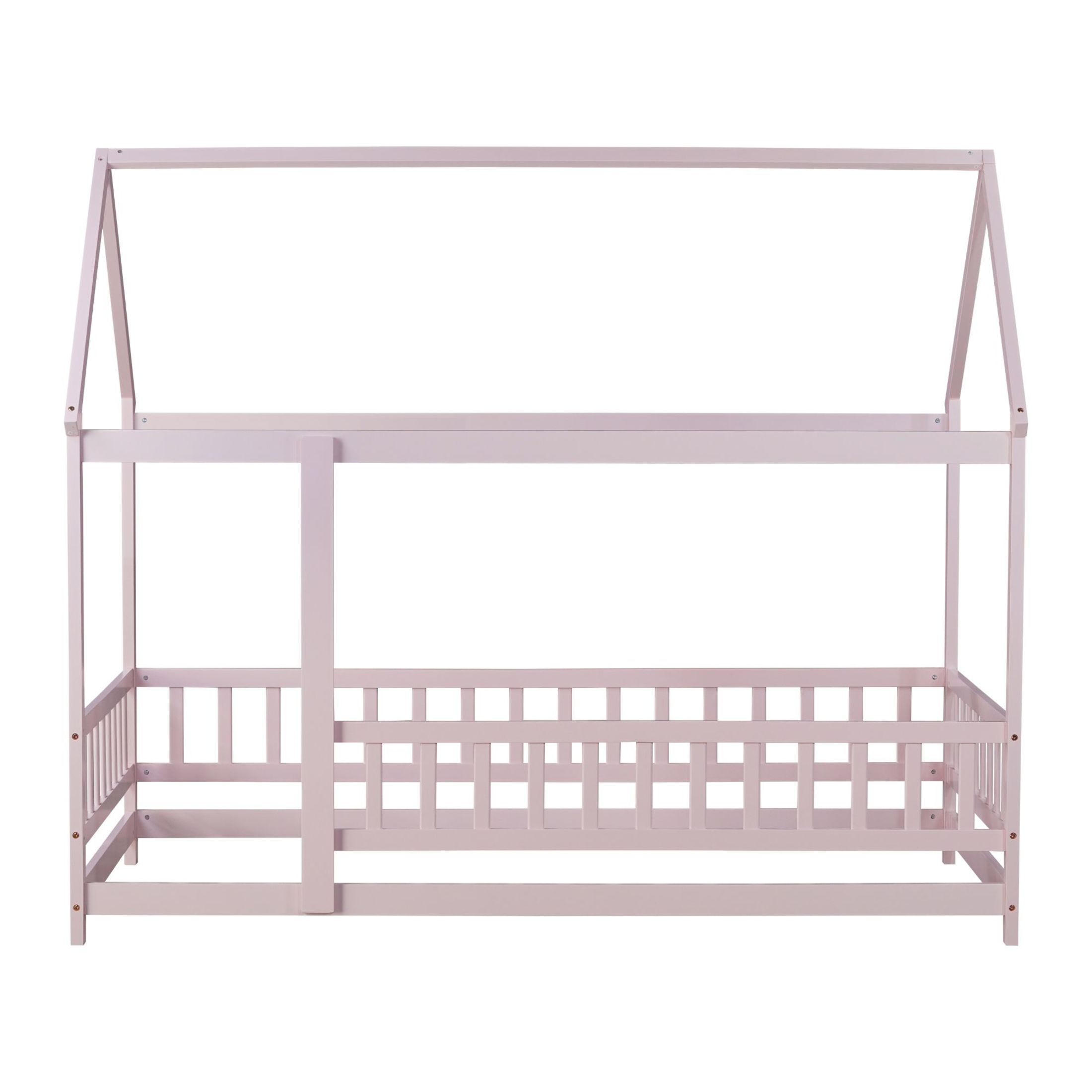 Noble House Gaiety Twin Size House Floor Bed for Kids, Rubber Wood Frame with Roof and Fence Guardrails, Pink