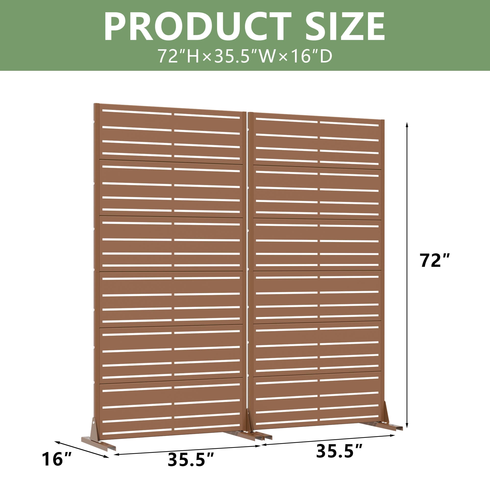 MAYEERTY 2-Piece 72"x35" Freestanding Privacy Fence, 6-Panel Brown Galvanized Steel Screen, Wide-1 Narrow-2 Slats for Outdoor Yard
