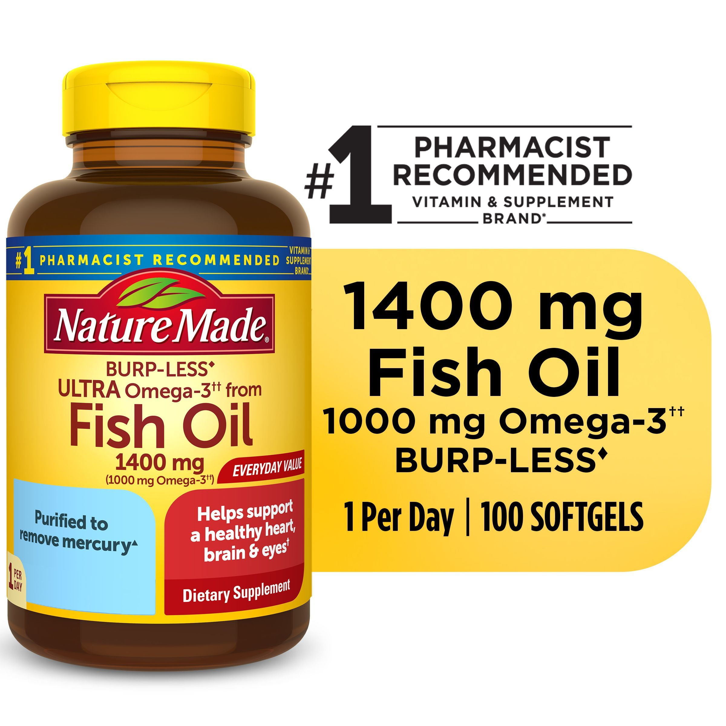 Nature Made Burp Less Ultra Omega 3 Fish Oil 1400 mg Softgels, Fish Oil Supplements, 100 Count