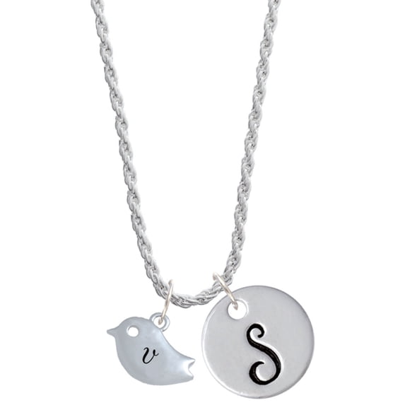 Delight Jewelry Silvertone Little Bird Initial - V - Silvertone Script Initial Disc - S - Charm Necklace, 20"+3"