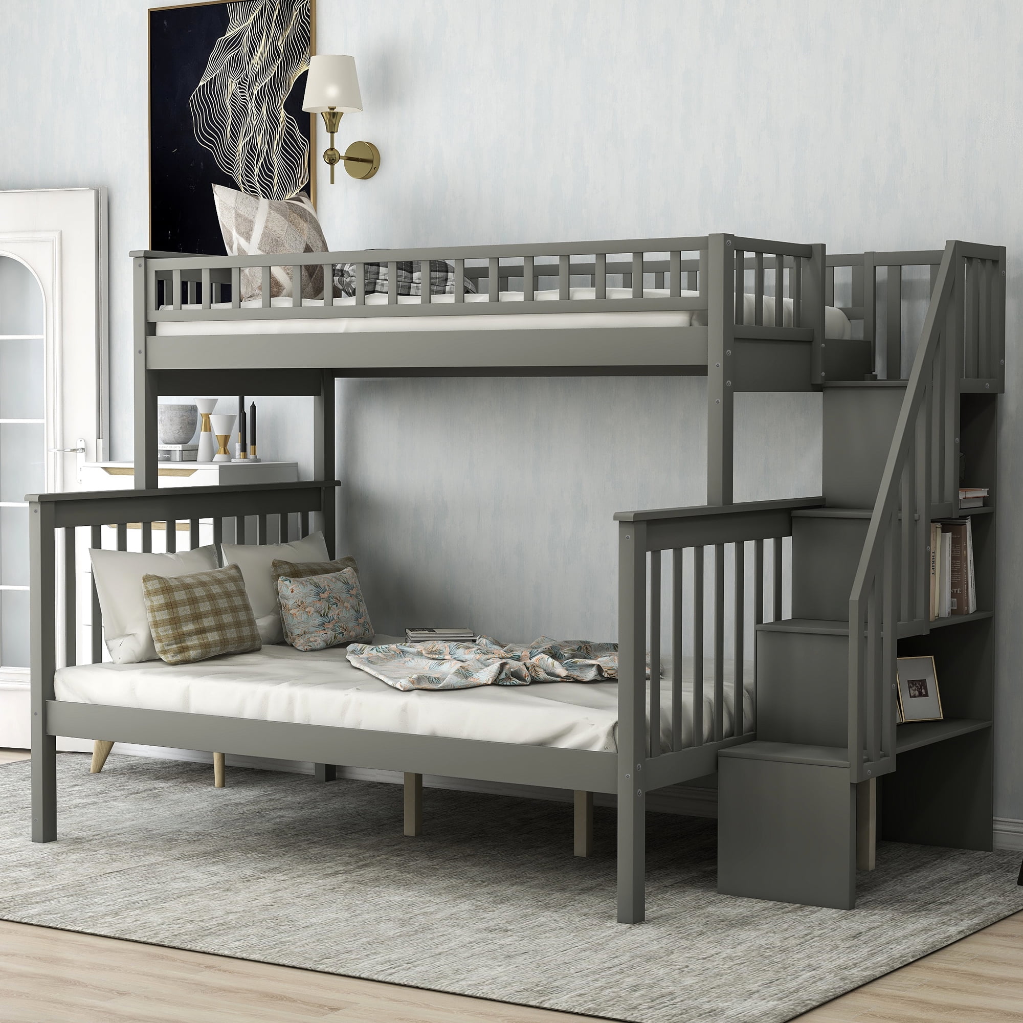 Twin Over Full Bunk Bed With Shelves And Stairway, Solid Wood Bunk Bed ...