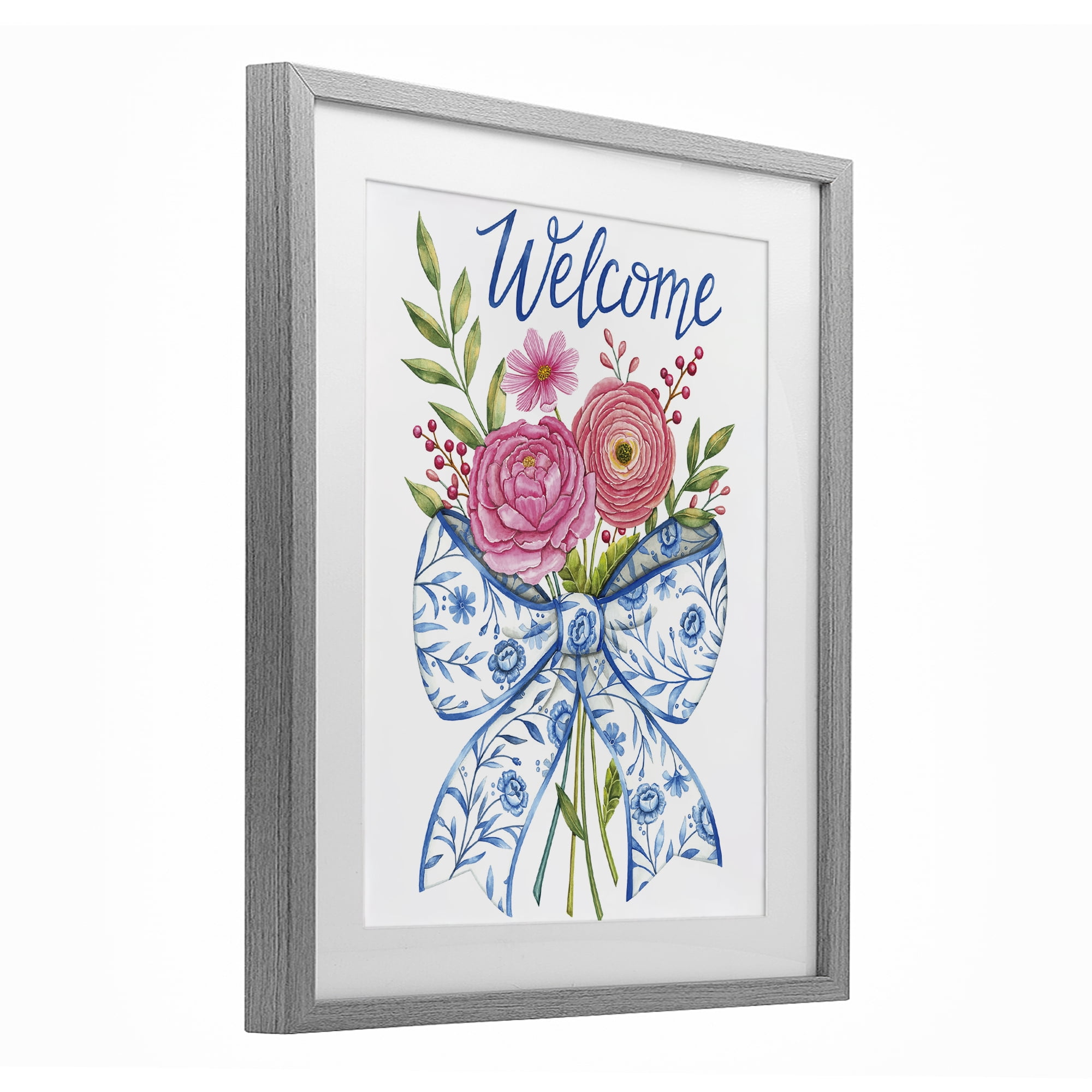 Stupell Industries Bow & Flowers Welcome Gray Framed Print Under Glass, design by Deb Strain