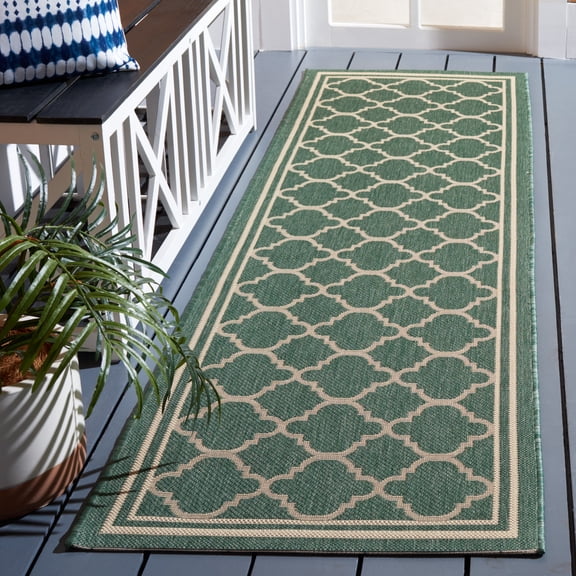Safavieh Courtyard Alina Geometric Quatrefoil Indoor/Outdoor Runner Rug, Dark Green/Beige, 2'3" x 8'