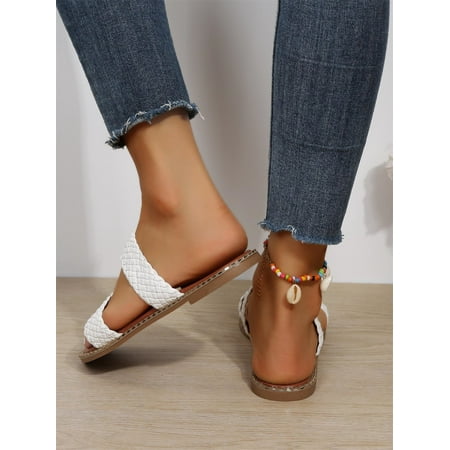 

Women s Strap Braided Open Toe Flat Slide Sandals Casual Summer Fashion Walking Slippers Shoes White CN41(9)