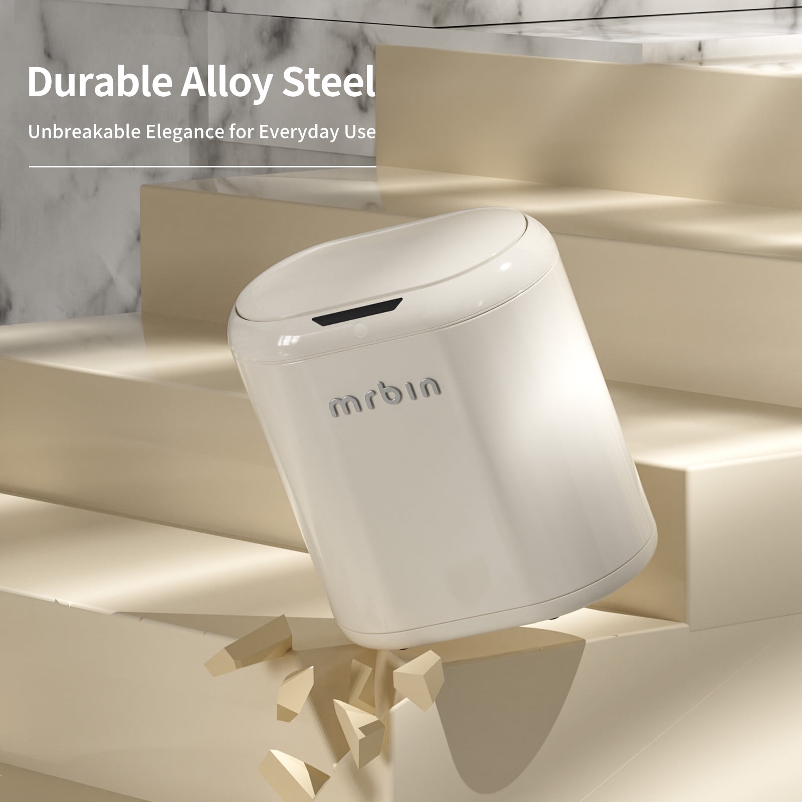 MRBIN Automatic Trash Can for Bathroom, Metal Touchless Garbage Bin with Lid, 3.2 Gallon Small Slim Trash Can for Office and Kitchen, Electric Motion Sensor Bedroom No Touch Bin, Cream White