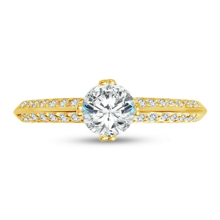 Round Gold Pave Ring (Solid 14k Yellow Gold Round Cut Two Pave Set Sidestones Solitaire Engagement Ring CZ Cubic Zirconia (1.0cttw., .50ct. Center) , Size)