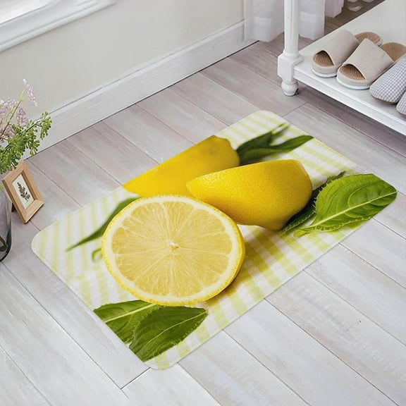 Kitchen Rug Floor Mat Yellow Summer Lemon Flannel Kitchen Mats, Cushioned Anti Fatigue with Non Slip Rubber Backed for Kitchen Bedroom Home Entrance16 x24Inch