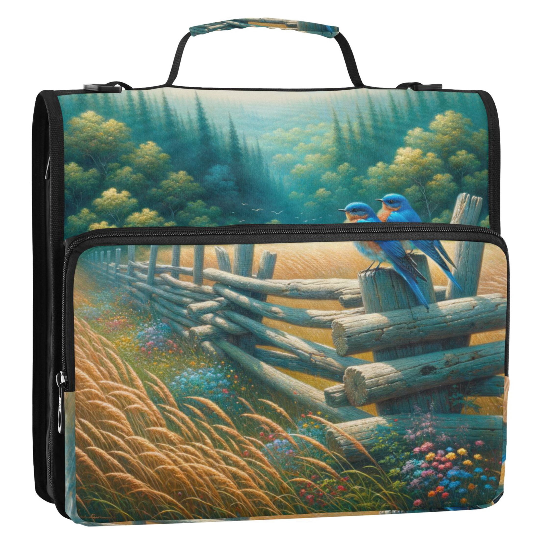 3 Ring Zipper Binder with Shoulder Strap Waterproof Trapper Keeper 2 Inch D-Ring 500 Sheets Capacity Bluebirds and Forests