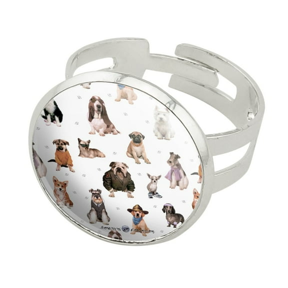 Cool Dogs in Outfits Paw Print Pattern Silver Plated Adjustable Novelty Ring