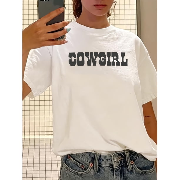 Camiseta vintage con estampado de vaquera para mujer, 100 % algodón, cuello redondo, tejido de punto con estampado geométrico, ropa informal de verano, cuello redondo, ropa deportiva informal.