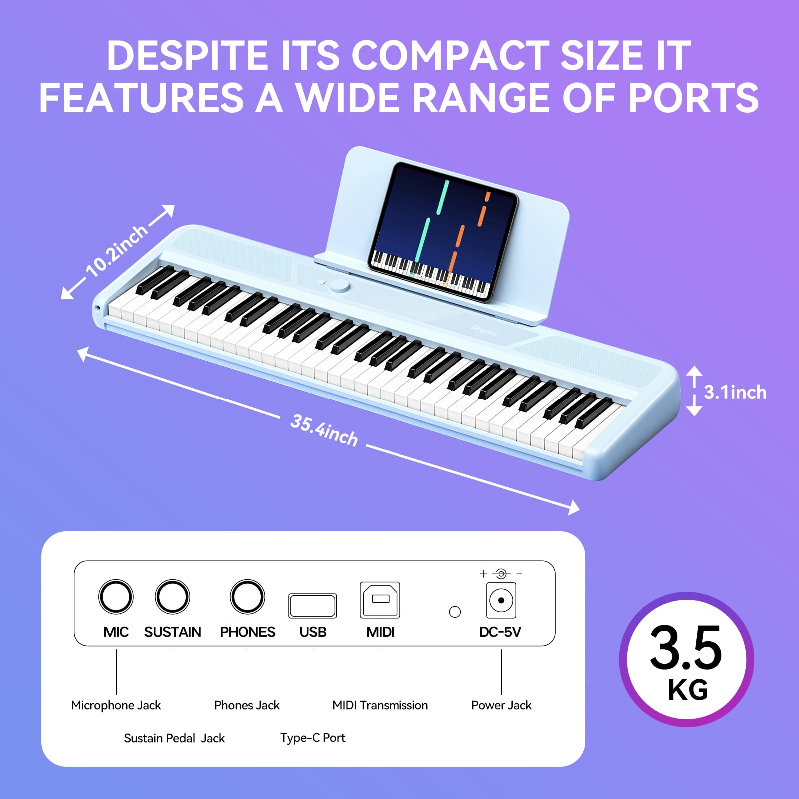Rhymo 61 Key Smart Piano Keyboard for Beginners,Learning Keyboard with Light up Keys, Velocity Sensitive Electric Piano Keyboard & App Learning(Blue)