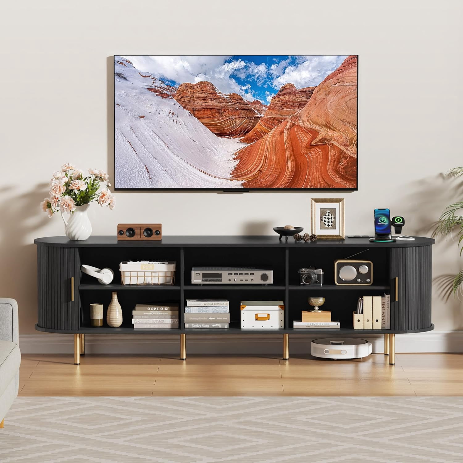 TV Stand with Power Outlet for TVs up to 75 Inch, Modern Entertainment Center with Storage, Adjustable Shelves & Sliding Doors, Media Console for Living Room Bedroom (Black, 71 Inch)