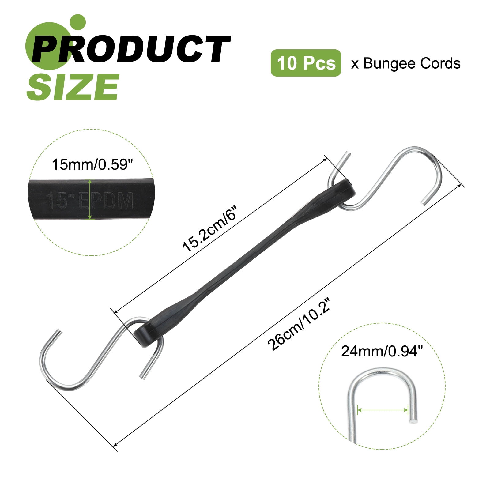 10Pack 6" Bungee Cords with Hooks for Securing Tarps Cargo Trucks Canvases, Black