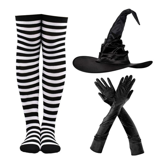 Conjunto de disfraces de Halloween, accesorios para decoración, suministros para fiestas, sombrero de , calcetines altos para Cosplay, Halloween, Negro Yinane Disfraz De Bruja De Halloween