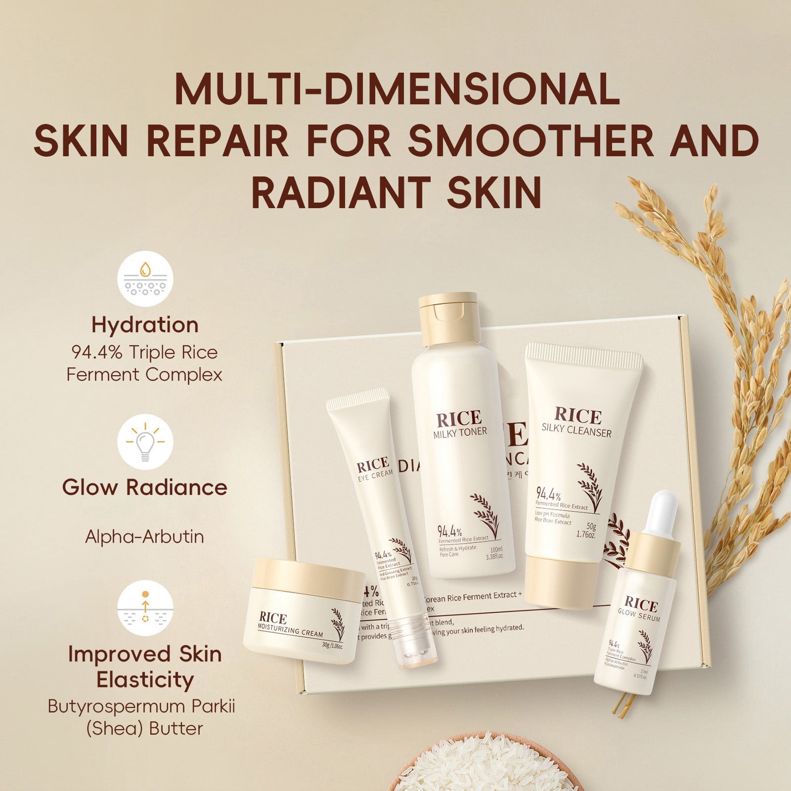 HHBEAUTY Skincare Set, Korean Rice Skin Care Sets & Kits, Cleanser, Toner, Serum, Eye Cream & Moisturizer, Christmas Birthday Gifts for Women Teenage Girls Mom Friend, Travel TSA-friendly Sizes 5pcs