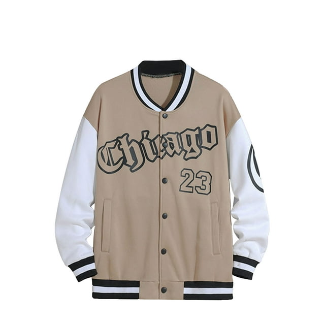 xiaxaixu Men's Spring Autumn Casual Coat Long Sleeve Letter Printed Button Up Contrast Color Baseball Jacket