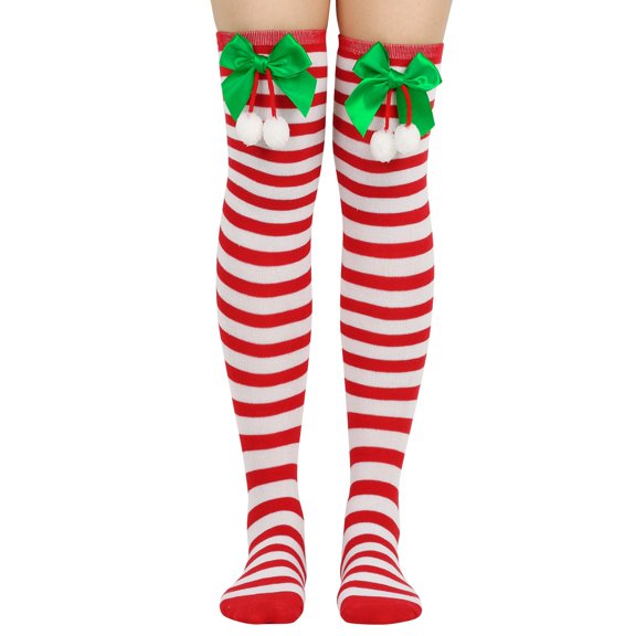 Elf Christmas Thigh High Socks for Women, Green Bow and Pom Pom Over The Knee Stockings, Cute Long Novelty Hosiery for Holiday Party, Womens Christmas Socks