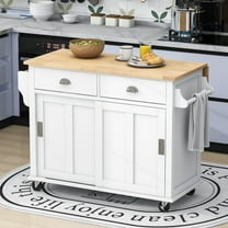 Glavbiku Kitchen Island Cart with Drop Leaf Countertop,Sliding Barn Door,Adjustable Height,White