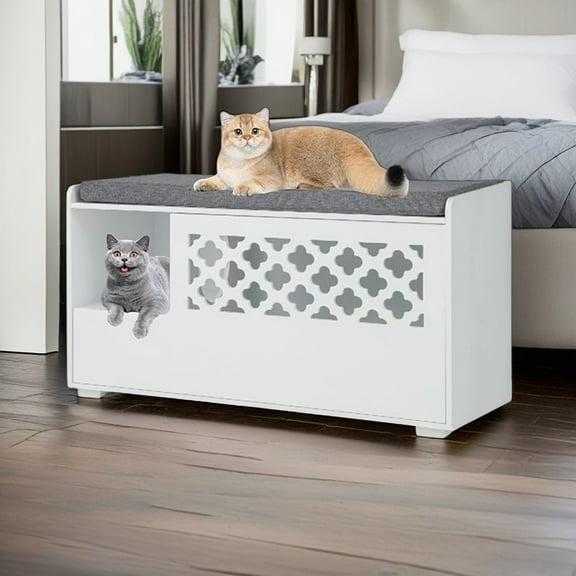 Demi Bonn 35" Hidden Cat Litter Box Enclosure, Cat Litter Box Furniture with Removable Cushion and Front Open Door, Indoor Cat Box Cabinet, Cat Washroom for Kitty, White