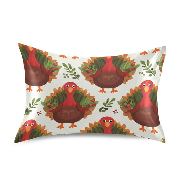 Cute Turkey Pattern with Leaves Thanksgiving Satin Pillowcase Envelope Design Pillow Covers 1 Pack Queen Size 20" x 30"