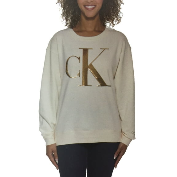 Calvin Klein Women's Sweatshirt Cream with Gold CK Logo, XS