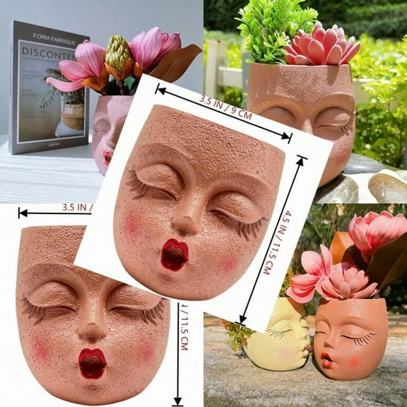 Cute Face Planter Pot Handmade Head Planter for Succulent Resin Flower Pots Kiss Face Plant Pots for Indoor and Outdoor Plants Brown 1Pack