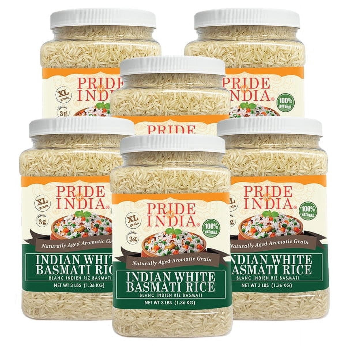 Pride of India - Pack of 6 - Naturally Aged White Basmati Rice, Extra Long Grain, 3 lbs Jar, Gluten-Free