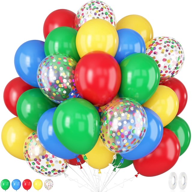 Shiyou-ballons Rouges Jaunes Bleus, Ballon de Cirque Carnaval 12 Pouces, Ballons Mats Bleus Jaunes Rouges Verts avec Confettis Colorés pour Décoration de Fête Thème Anniversaire Bébé Douche Carnaval