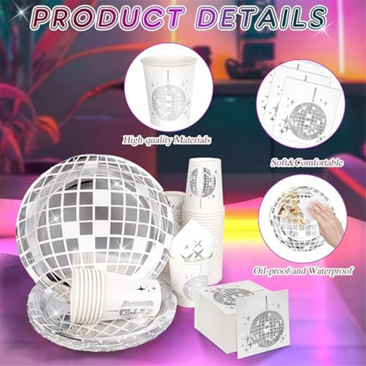 Disco Party Supplies Tableware Set Disco Ball Dinner Plate Napkin Fork Disco Birthday Rock Dance Music Party, 150 PCS