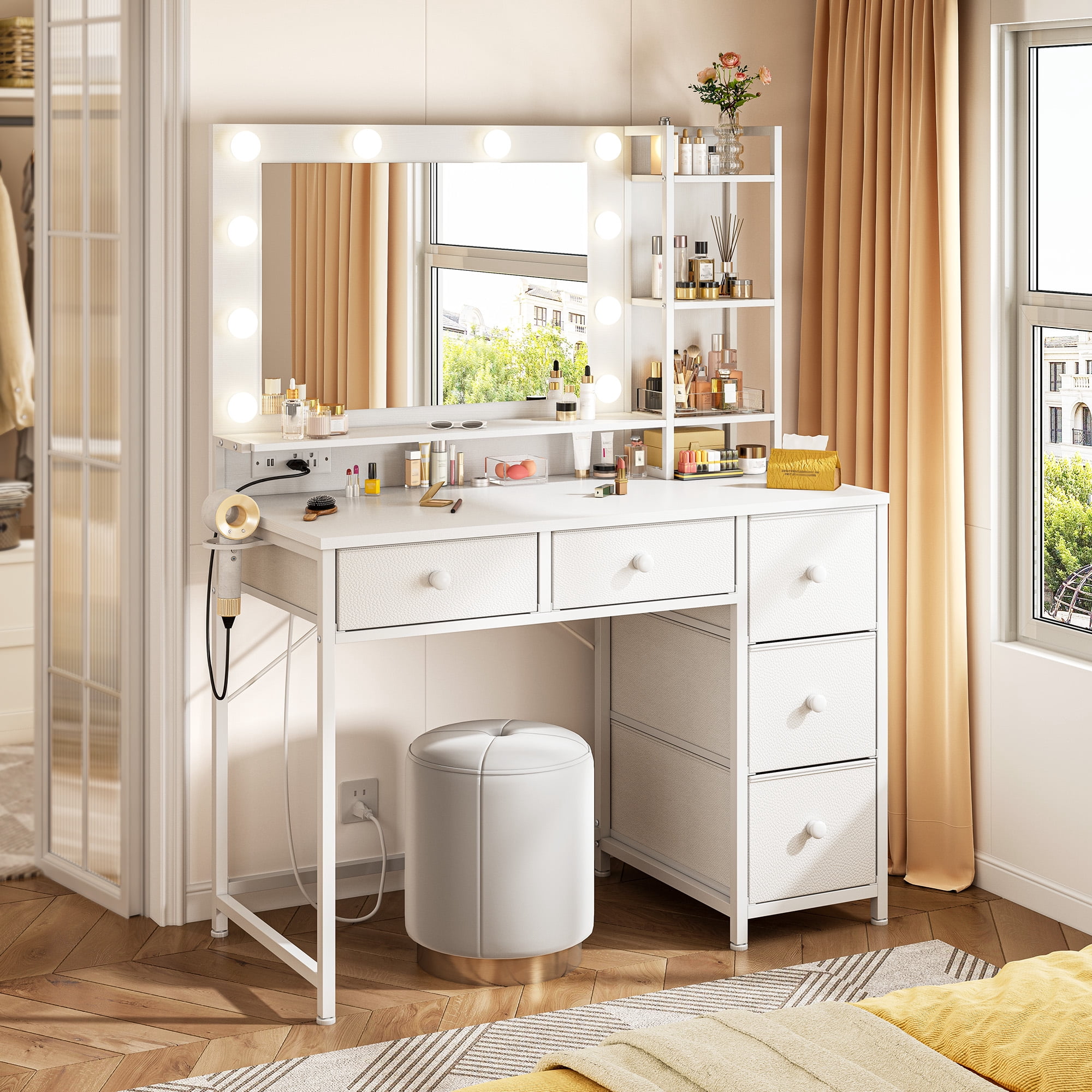 EnHomee Vanity with Mirror and Lights Makeup Vanity Desk with 5 Fabric Drawers & Power Outlet & Hair Dryer Rack Dressing Table for Bedroom,White