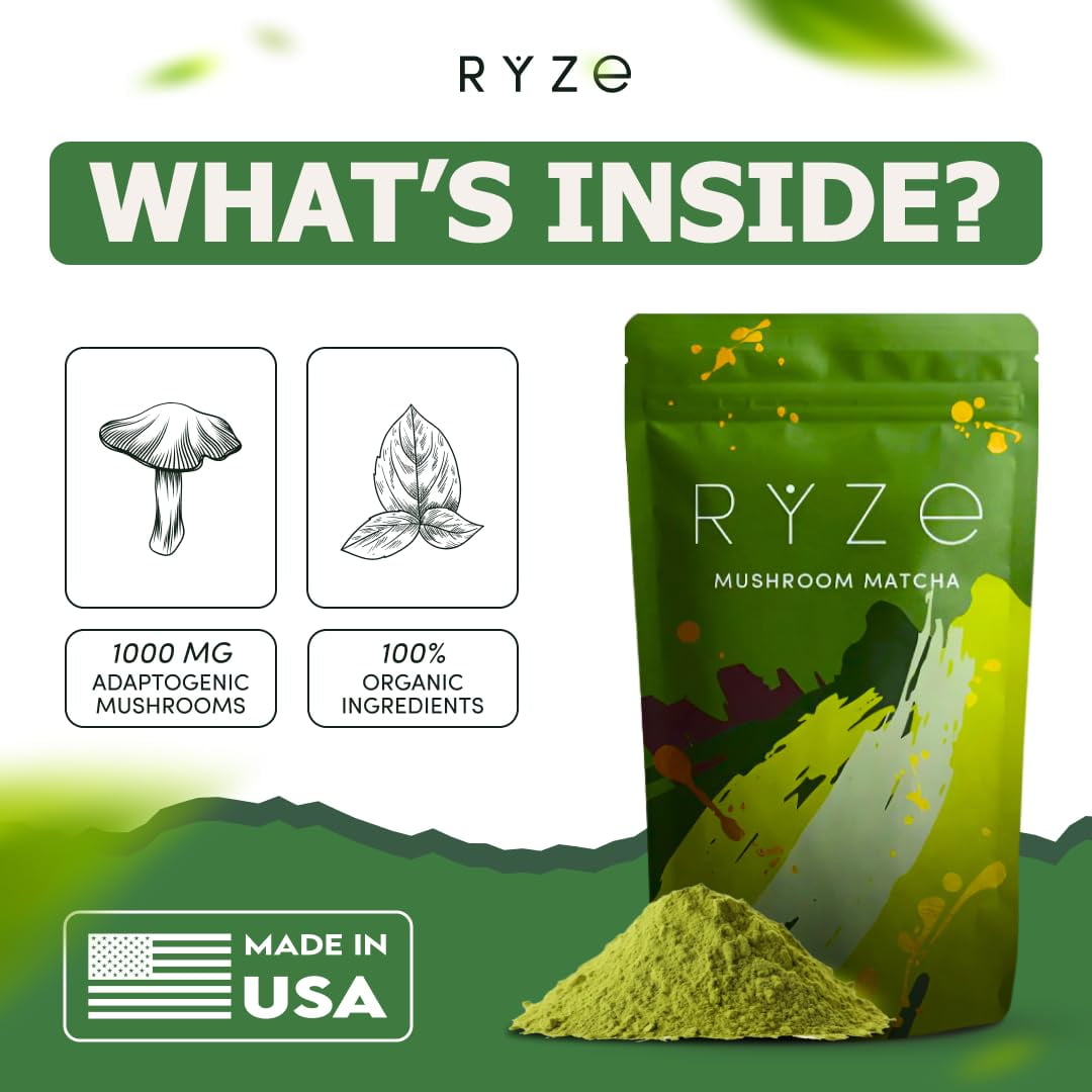 RYZE Mushroom Matcha USDA Organic with 6 Adaptogenic Mushrooms for Energy, Focus, Digestion, Immunity with Turkey Tail, Lions Mane, Reishi, 30 Serving