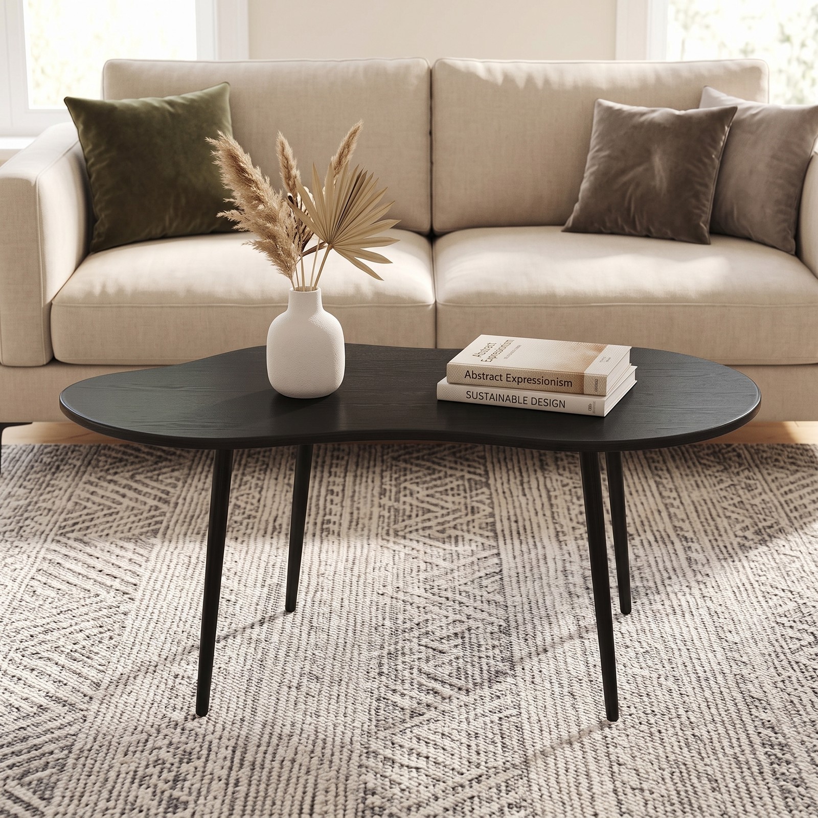 Furnibear Cloud Shape Coffee Table, 39.5 Inch Irregular Free Form Center Table with Durable Metal Frame, Wide Wood Tabletop Modern Accent Side Table for Living, Black
