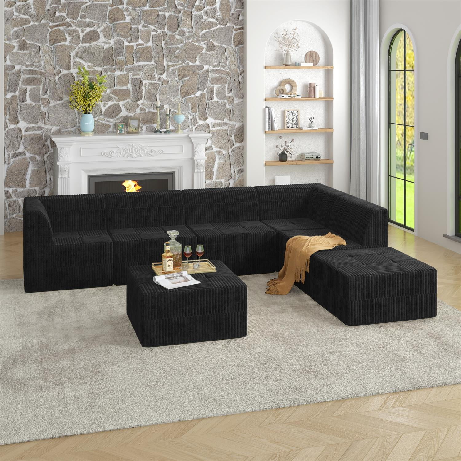 Demi Bonn 130" L-Shaped Modular Sectional Sofa, Modern Minimalist Style DIY Compressed Corduroy Couch for Living Room & Bedroom, Black