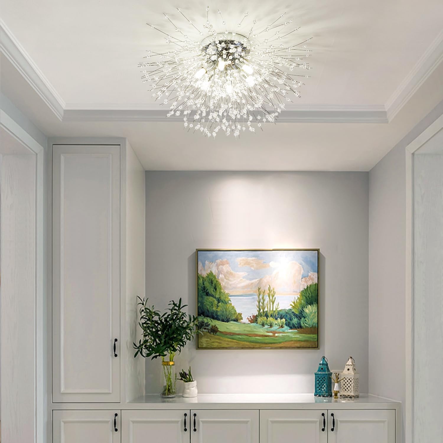 Modern Firework 19.7 in. W 6-light Modern Silver Flush Mount Ceiling Light  Modern Crystal Flush Mount Ceiling Light Fixture 19.7" Sputnik Close to Ceiling Light 6-Light Chrome Dandelion