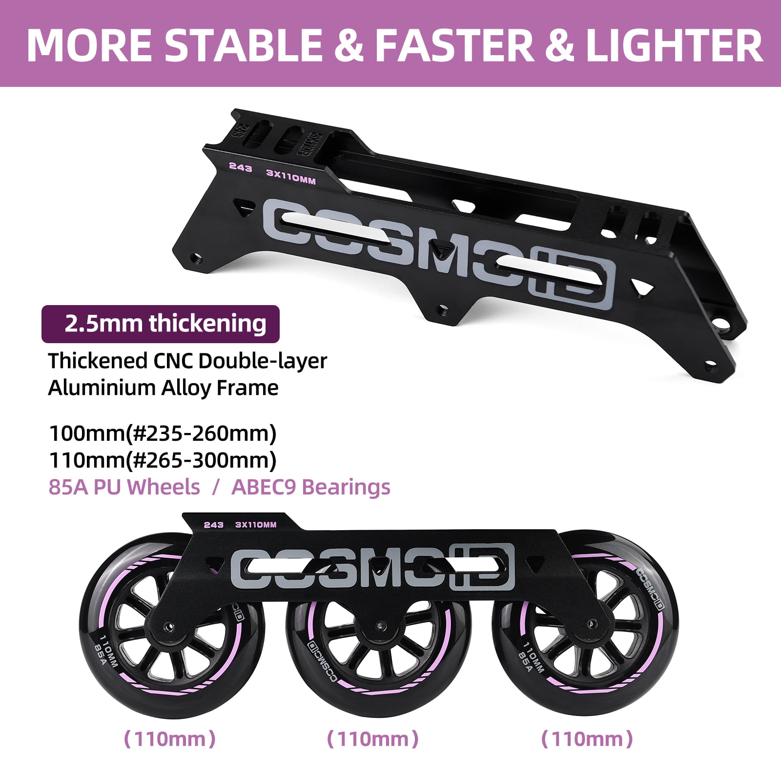 COSMOID Adult Inline Skate - High Performance Roller Skates Blades for Women & Men, 3 Wheels 110mm Metal Frame,Indoor Outdoor and Fitness Black