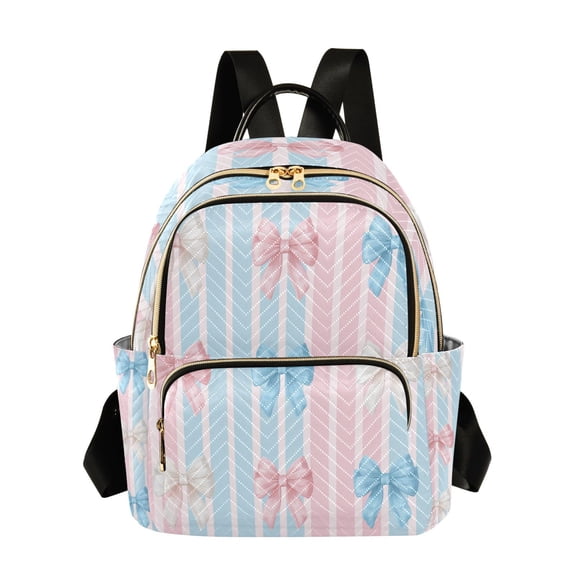 Pastel Blue Pink White Bows on Stripes Quilted Backpack Fashion Daypack Commuter Bag for Women 8.5 L