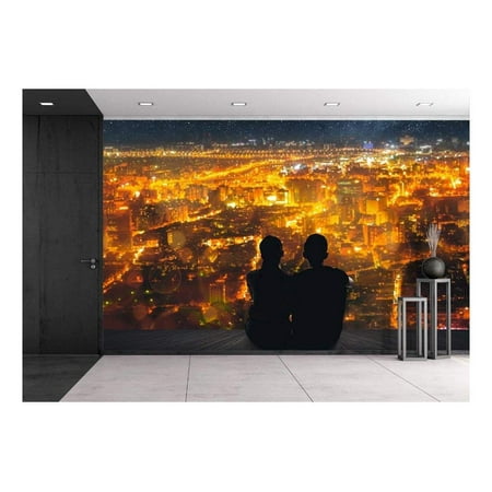 wall26 - Silhouette of Young Asian Couple Sit on Wooden Ground Above The City Under Stars. - Removable Wall Mural | Self-Adhesive Large Wallpaper - 66x96 (Best Couple Hd Wallpaper)