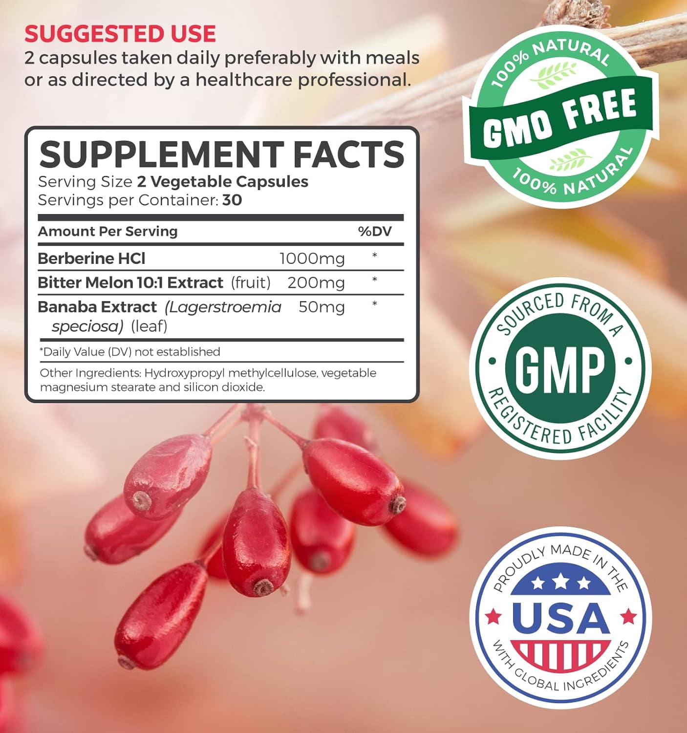 Healths Harmony Berberine Supplement, Berberine HCL with Bitter Melon & Banaba Leaf, 60 Capsules