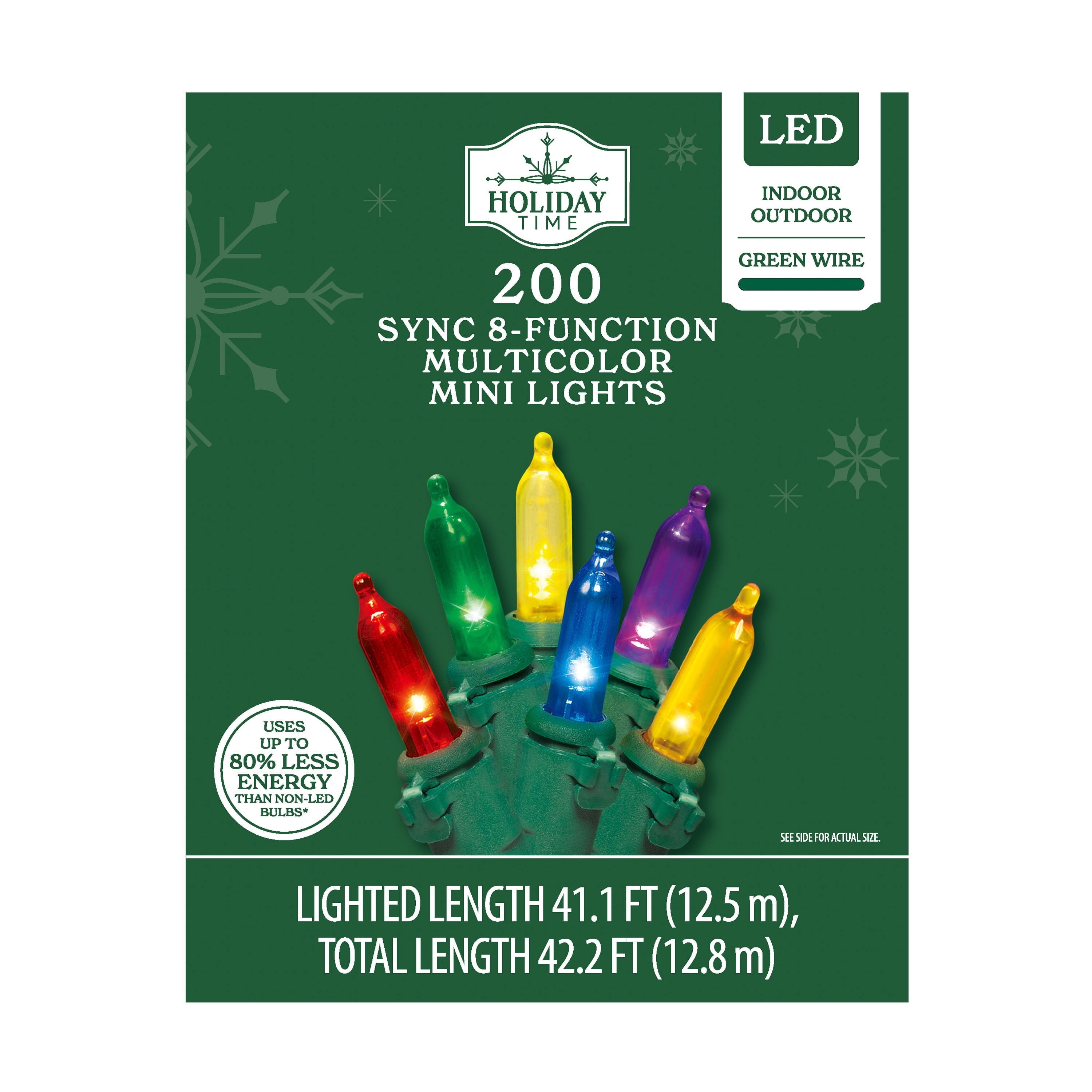 Indoor/Outdoor 200-Count LED 8-Function Sync Mini Christmas String Lights, Multicolor, Green Wire, 41.1', by Holiday Time