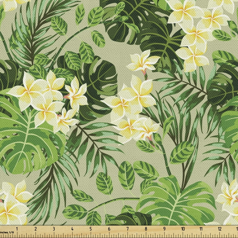 Vintage Fabric by the Yard Upholstery, Tropical Flowers and Leaves Green  and Blue Tones Watercolor Like Painting Image, Decorative Fabric for DIY  and