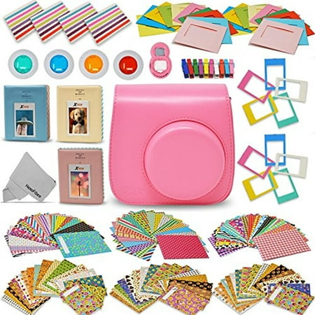 Xtech Fujifilm Instax Mini 9/8 Accessories kit includes: Flamingo Pink Mini 9 Camera Case, 120 Mini Photo Sticker Frames, 3 Mini Photo Albums, 4 Mini 9/8 Colorful Filters, Large selfie Mirror +
