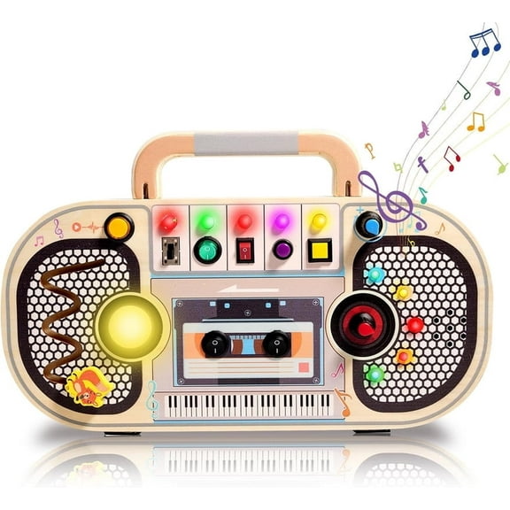 Wooden Busy Board with 11 LED Light, Sensory Toys Light Switch for Toddlers 1  Year Old, 5 Music Toggle Switches Toy Educational Activity Board, Birthday Gift for Boys Girls